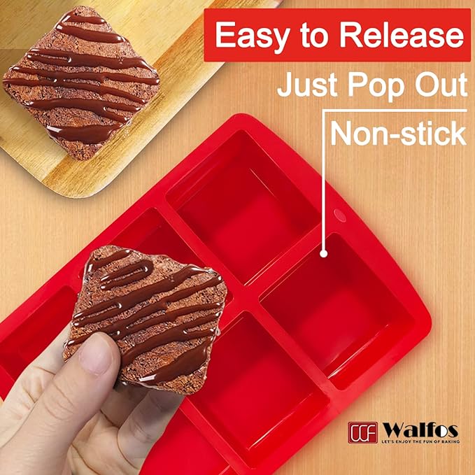 Walfos Mini Silicone Brownie Pan - 2 Piece 6-Cavity Non-stick Square Baking Pan, Perfect for Mini Brownies, Cornbread, Muffin and Cakes, BPA Free and Dishwasher Safe
