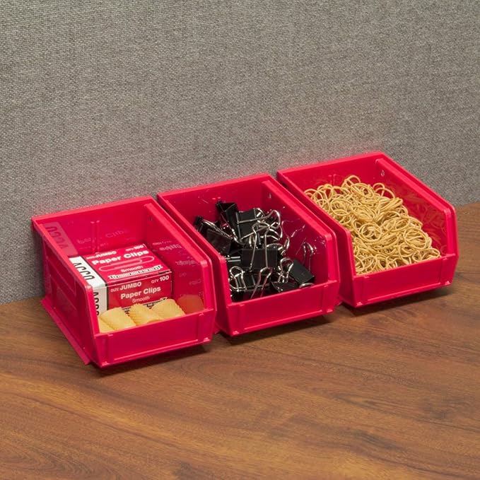 Akro-Mils 30210 AkroBins Plastic Storage Bins, Space-Saving Stackable Bins for Garage, Pantry, Craft Organization, 5-" x 4-" x 3-", Red, 24-Pack