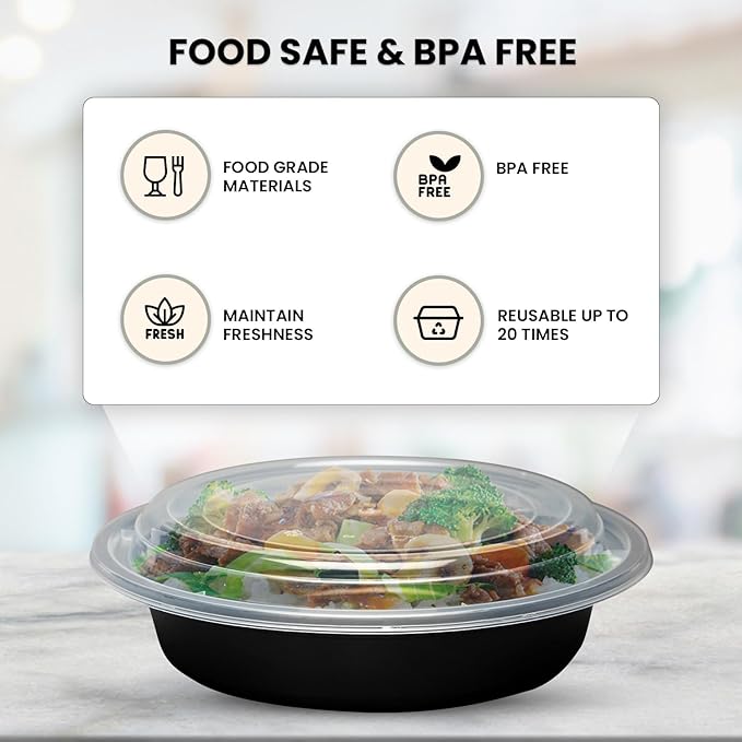 Klex 16 Oz, 50 Sets Meal Prep Containers with Airtight Lids, BPA Free, Reusable Plastic Food Container, 16 oz, Round, Black/Clear, 50 Sets