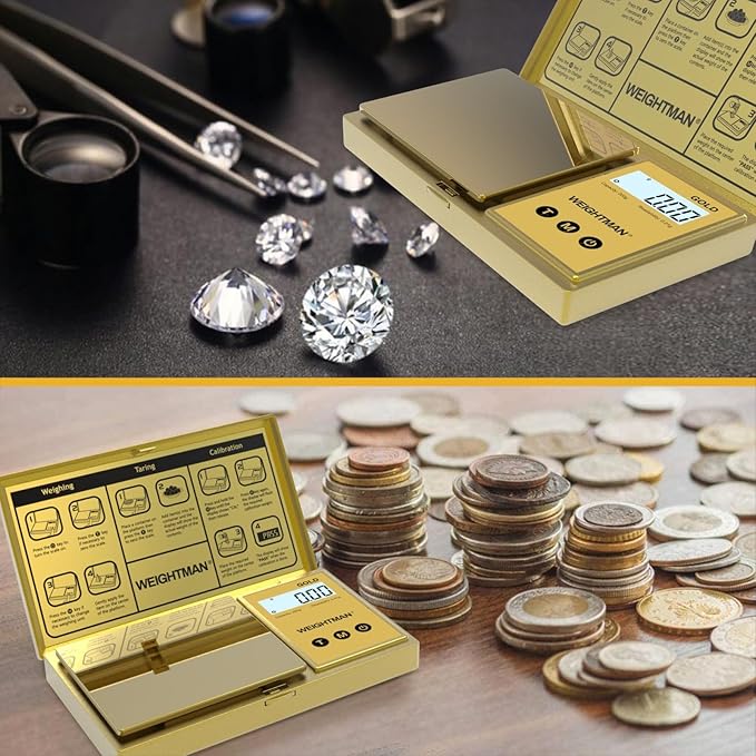 WEIGHTMAN Digital Scale Gram, 200g/0.01g Pocket Scale Gold Titanium Plating, LCD Backlit Display, Mini Jewelry Scale with 6 Units, Auto Off, Tare Function for Food, Coins, Battery Included