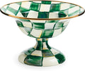 MACKENZIE-CHILDS Enamel Compote, Cute Enamel Pedestal Serving Dish or Decorative Bowl, Small, Green-and-White Emerald Check
