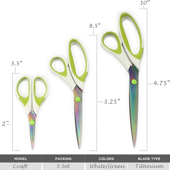 BambooMN Titanium Softgrip Scissors Set for Sewing, Arts, Crafts, Office - 3 Sets of 3 - White w/Green Inlays