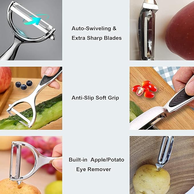 Vegetable Peeler, Potato Peelers for Kitchen Stainless Steel Multi-function Set Fruit Peeler For Kitchen and Household Tools Y & I Shape Swivel Blades with 2 Orange Citrus Peelers