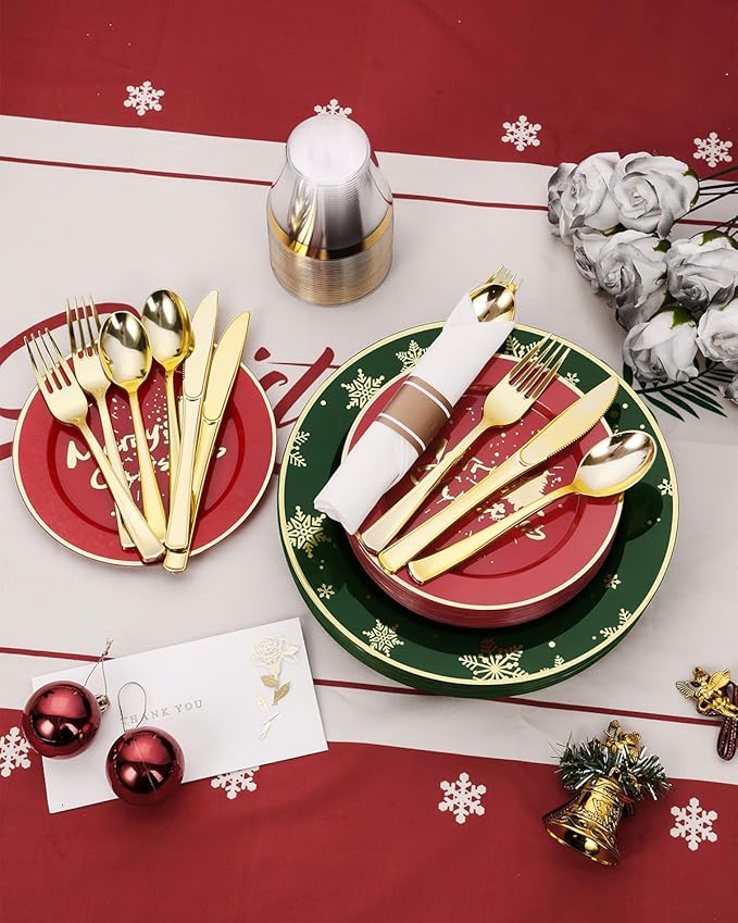 Goodluck 175 Piece Christmas Plates Sets for 25 Guests, Christmas Tableware Disposable for Party, Include 50Plates, 25Pack Pre Rolled Napkins with Silverware, 25Cups for Party, Wedding, Graduation