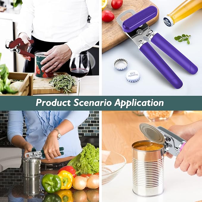 10 Colors Can Opener Manual Handheld Heavy Duty Hand Can Opener Smooth Edge Stainless Steel Can Openers Top Lid Kitchen Gadgets, Best Large Rated Easy Turn Knob, with Bottle Opener, Emerald
