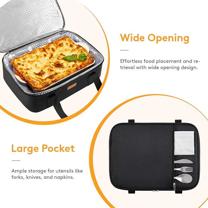 LUNCIA Double Decker Insulated Casserole Carrier for Hot or Cold Food, Lasagna Holder Tote for Potluck Parties/Picnic/Cookouts, Fits 9"x13" Baking Dish, Black
