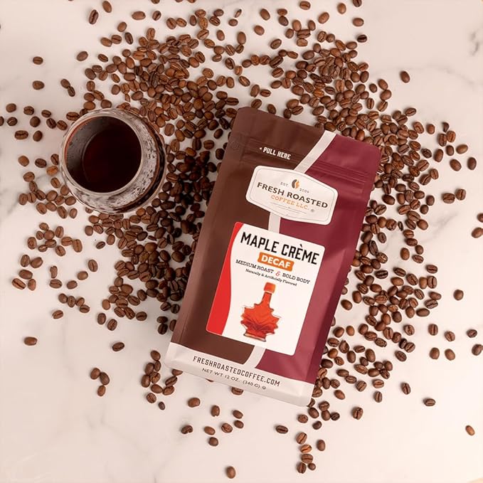 Fresh Roasted Coffee, Decaf Maple Crème Flavored Coffee, 12 oz, Medium Roast, Kosher, Whole Bean