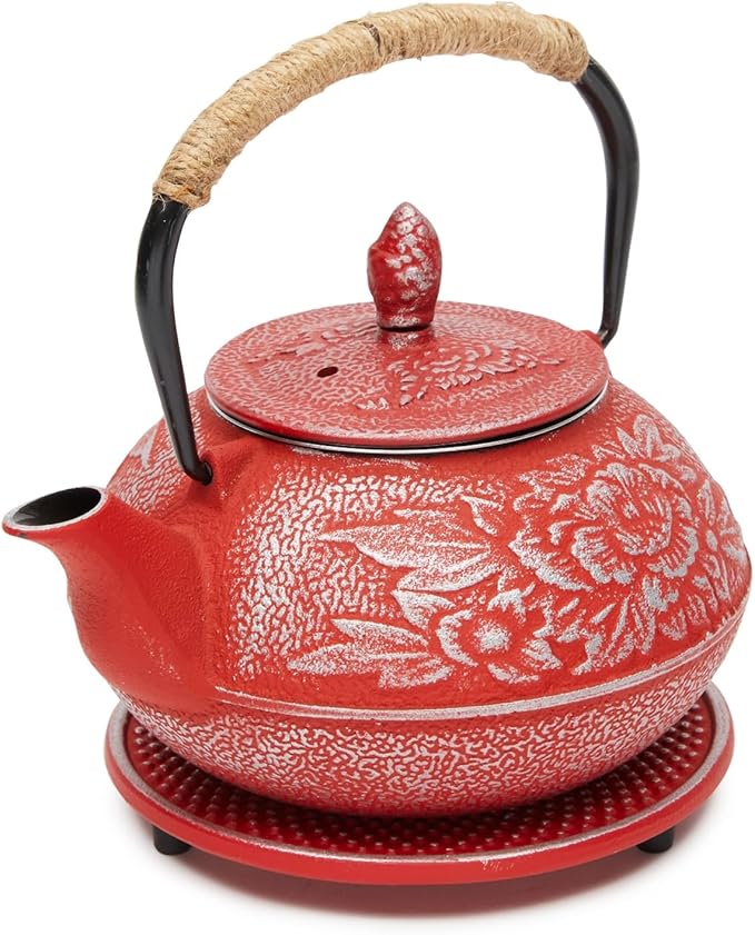 Juvale Japanese Cast Iron Teapot with Infuser - Red, 27 oz (800 ml), 3-Pc Teapot Set - Stovetop Kettle for Loose Leaf Brewing - Removable Stainless Steel Infuser & Trivet Included