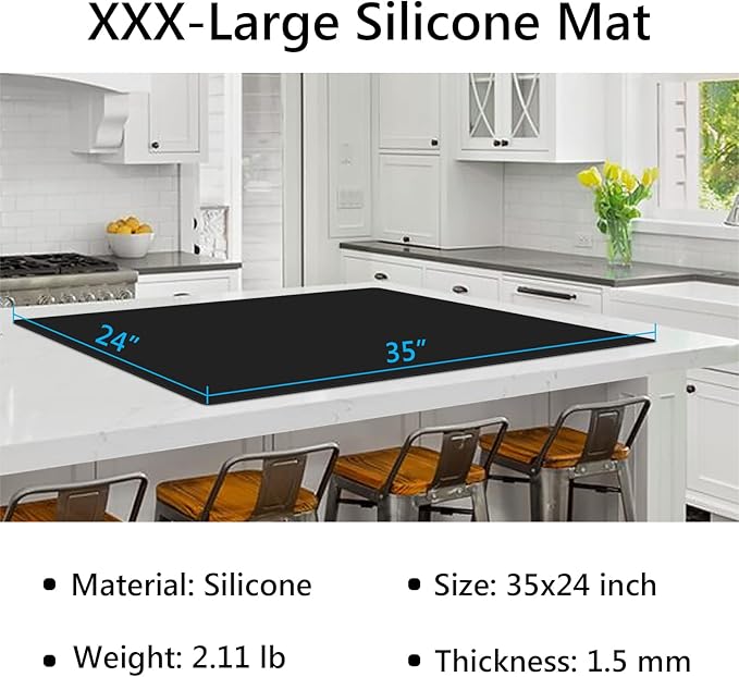 Gartful Silicone Mat for Kitchen Counter, 35" by 24" Extra Large Countertop Protector, 0.06" Thick Multipurpose Mat, Heat-Resistant Placemats, Desk Saver Pad, Table Dish Mat, Nonstick, Nonskid, Black