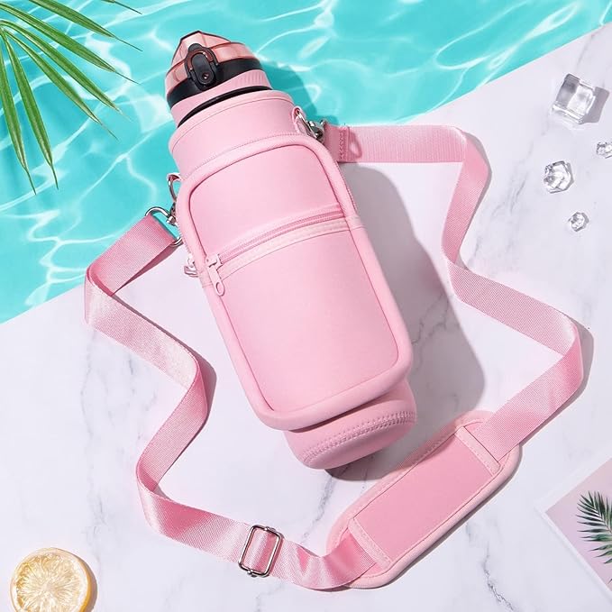 Fimibuke 32 oz Water Bottle with Sleeve - BPA Free Leakproof Sport Large 1L Plastic Motivational Water Bottle with Straw Strap & Insulated Neoprene Holder Carrier Bag Great Xmas Gift for Women Men