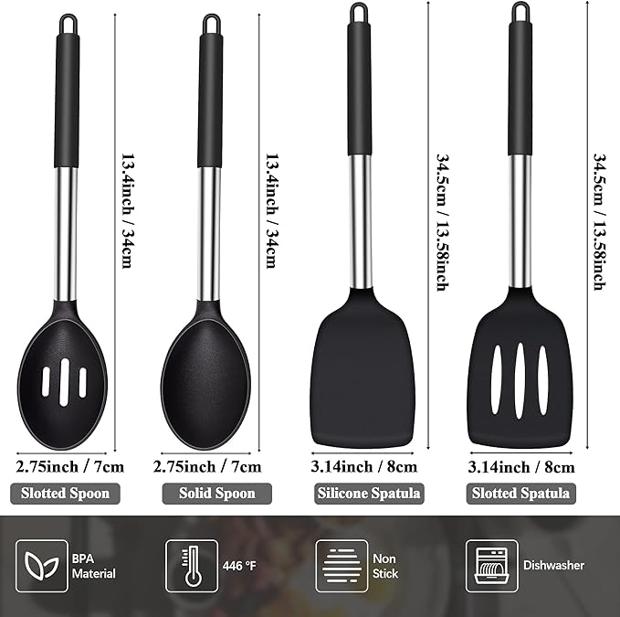 Silicone Spatula Spoon Set, 4 PCS Silicone Cooking Utensils Spatula Spoon Set with Stainless Steel Handle, BPA Free Kitchen Turners for Frying, Mixing, Serving, Draining, Turning, Stirring, Black