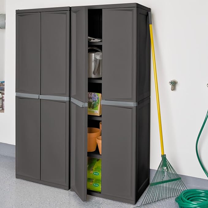 Sterilite 4 Shelf Cabinet, Lockable Utility Storage w/ Adjustable Shelves, Gray - Plastic Shelving Unit for Organizing Garage, Pantry, Basement, Laundry Room or Mudroom