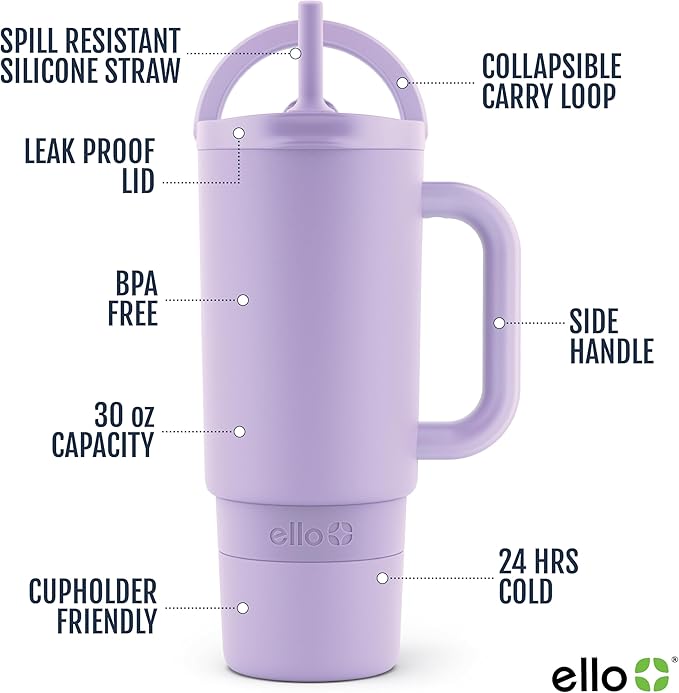 Ello Port 30oz Tumbler with Carry Loop & Integrated Handle | Vacuum Insulated Stainless Steel Reusable Water Bottle Travel Mug | Leak Proof Lid | Flexible Straw | BPA-Free | Dishwasher Safe | Lilac