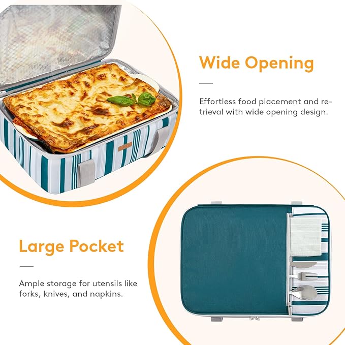 LUNCIA Insulated Casserole Carrier for Hot or Cold Food, Lasagna Lugger Tote for Potluck Parties/Picnic/Cookouts, Fits 9"x13" Baking Dish, Green