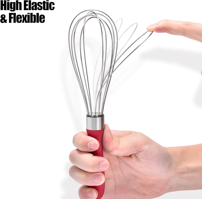 18/8 Stainless Steel Balloon Whisk, Doosu Kitchen Whisk for Cooking Handheld Egg Beater with Rust-Proof Sturdy Wires & Non-Slip Silicone Handle for Beating, Stirring, Blending (6 Wires, Red)