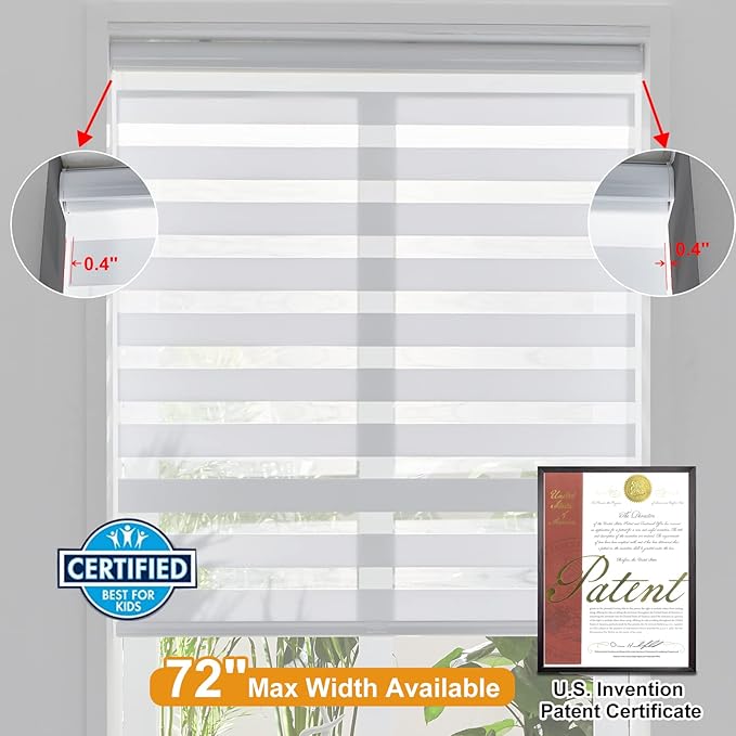 Persilux Cordless Zebra Blinds for Indoor Windows, Free-Stop Light Filtering Sheer Shades, Dual Layer for Day and Night, Roller Shades for Home (35.25" W X 64" H, White)