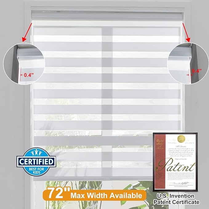 Persilux Cordless Zebra Blinds for Windows Free-Stop Window Shades (34" W X 47" H, White) Dual Layer Light Control for Day and Night, Light Filtering Sheer Shades for Home, Bedroom, Easy to Install
