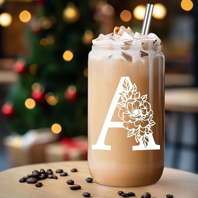 Coolife Initial Glass Cup, Monogrammed Gifts for Women, 16 oz Glass Cups w/Lids Straws, Iced Coffee Smoothie Beer Tumbler w/Straw Lid - Personalized Christmas, Birthday Gifts for Her Mom Friend Woman