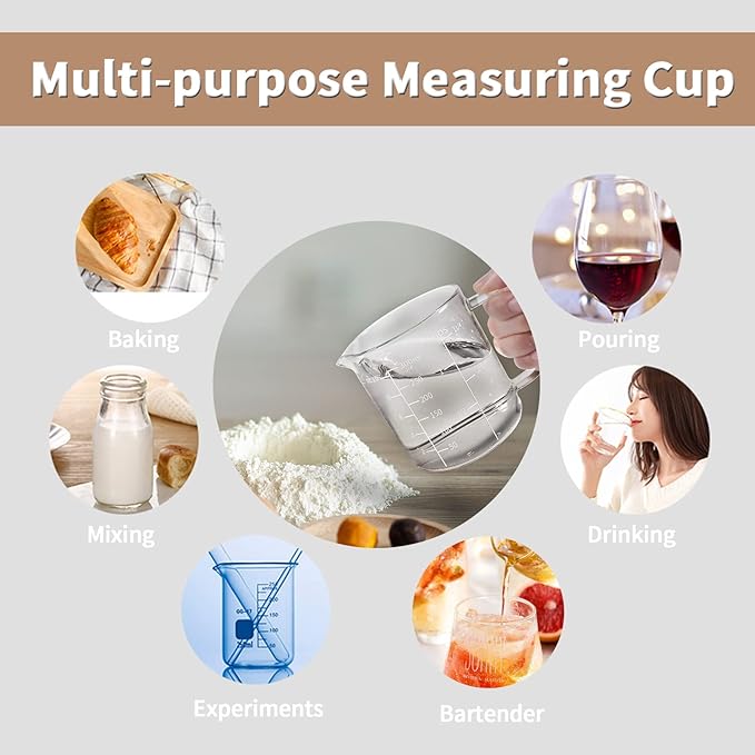 Newness Glass Measuring Cup with Handle, 300 ML (0.3 Liter, 1 1/4 Cup) Measuring Cup with Three Scales (OZ, Cup, ML/CC) and V-Shaped Spout, Measuring Beaker for Kitchen or Restaurant, Easy to Read