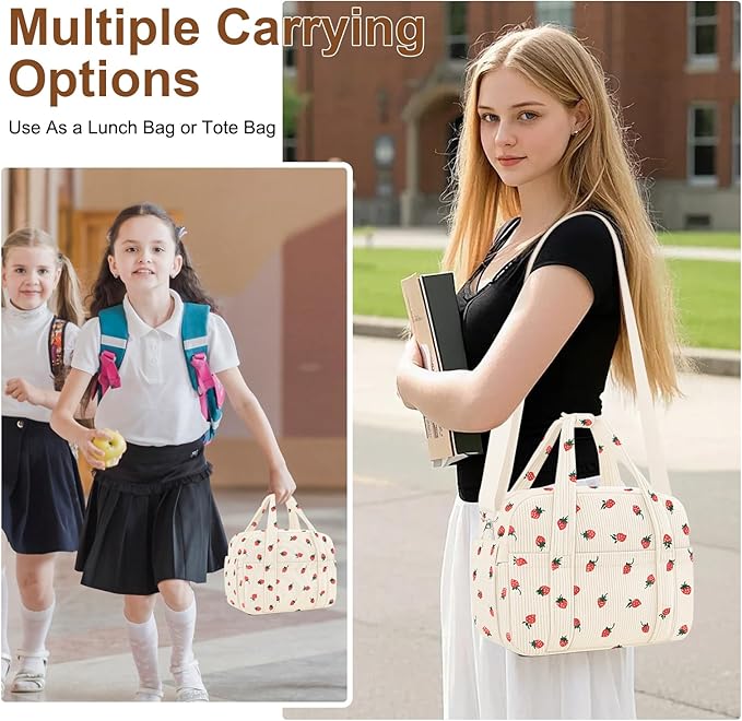 Corduroy Lunch Box Lunch Bag for Women Men, Cute Strawberry Small Insulated Reusable Work Leakproof Simple Lunch Boxes Tote Bag Adults Cooler Bag
