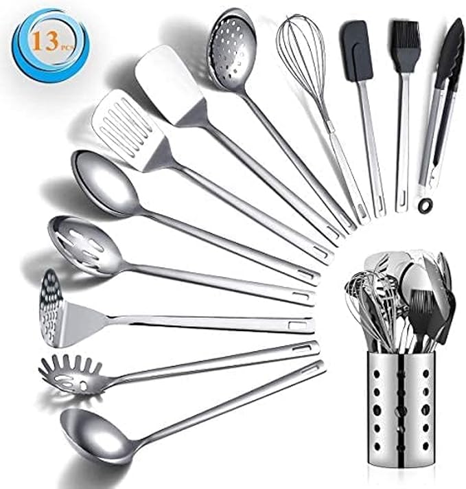 Stainless Steel Cooking Utensils Set, Berglander 13 Pieces Kitchen Utensils Set, Kitchen Tools Set With Utensil Holder Non-Stick And Heat Resistant,Dishwasher Safe, Easy to Clean (13 Packs)