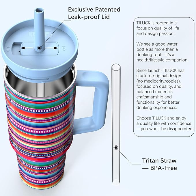 TILUCK 40 oz Tumbler with Handle, Vacuum Insulated Stainless Steel Travel Mug with 100% Leak-Proof Silicone Straw Lid, Cupholder Friendly Water Bottle(RainbowStripes, 40oz)