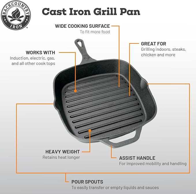 Backcountry Iron 8 Inch Square Grill Pan Medium Pre-Seasoned Cast Iron