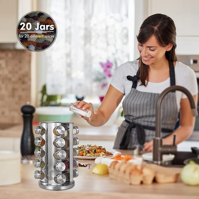 Baker Boutique Spice Rack, Spice Organizer for Countertop, Empty 20-Jars Rotating rack, Spinning flavoring Rack Shelf, Revolving Rack for Kitchen (Silver)