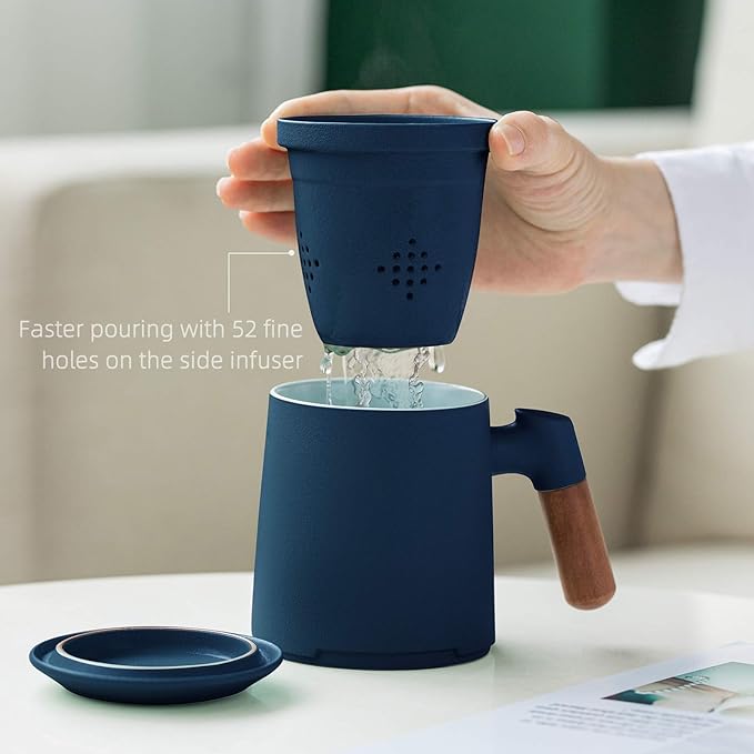 ZENS Tea Cup with Infuser and Lid for Loose Leaf Tea Steeper, 12oz Blue Ceramic Tea Mug with Fine Strainers, Wood Handle, Tea Lovers Gifts