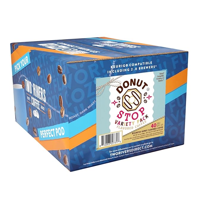 Donut Stop Flavored Coffee Pods, Compatible with 2.0 K-Cup Brewers, Donut Flavor Coffees, Assorted Variety Pack, 40 Count