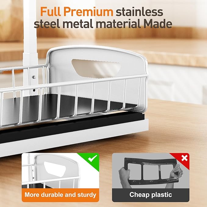 Under Sink Organizer,Metal Pull Out Cabinet Organizer Shelf,Kitchen Bathroom Organizers with Sliding Drawer,Storage Shelves,Storage and organization for Home,Laundry,RV,Pantry,Spice,White, 2 Pack