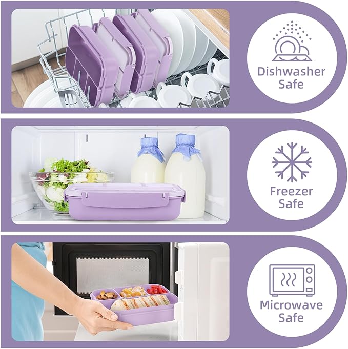QQKO Bento Box Adult Lunch Box, Lunch Containers for Adults Men Women, Kids Lunch Boxes for School with 4 Compartments, Sauce Container, Utensils and Muffin Cups, Purple