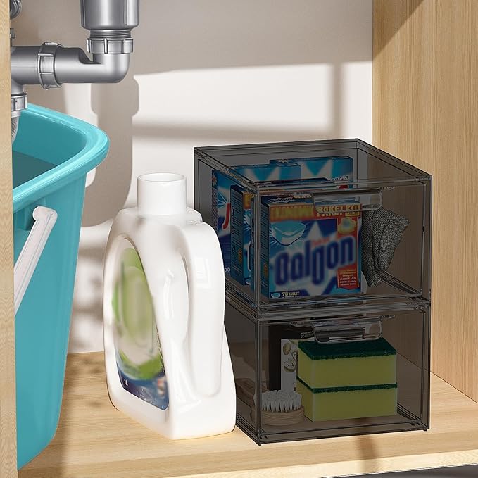 6 Pack Stackable Makeup Organizer and Storage, Acrylic Organizers，Clear Plastic Storage Drawer with Pull-Out Handles for Vanity, Undersink, Kitchen Cabinets, Pantry, Black