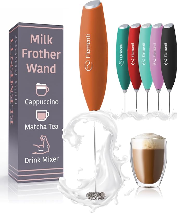 Elementi Drink Mixer Handheld - Electric Stirrer and Powerful Protein Powder Mixer Wand, Easy-to-Use Mini Frother Wand for Quick Delicious Cocktails, Milk Frother and Coffee Stirrers (Orange)