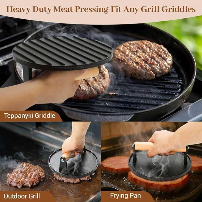 Smash Hamburger Press Kit,Around Burger Press,Hamburger Spatula and Stainless Steel Tongs with Wooden Handle,Heavy-Duty Cast Iron Grill Press for Bacon, Hamburgers, Eggs, Sandwiches,Steak
