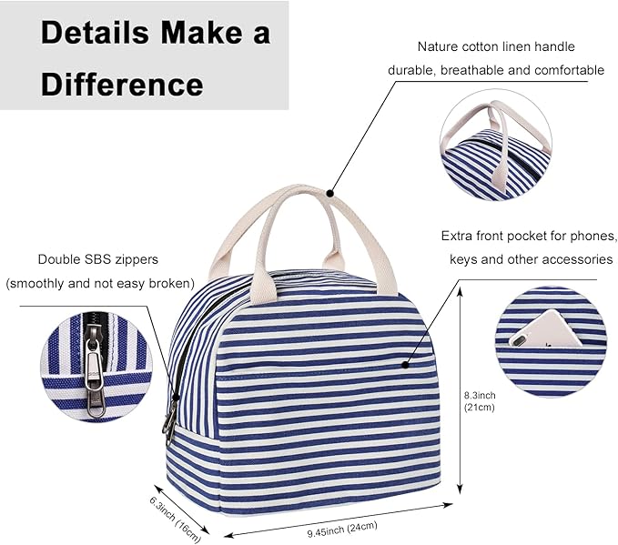 EurCross Blue and White Stripes Lunch Bag Women,Cooler Tote Bag Insulated Lunch Bento Box Bag, Canvas Portable Tote Thermal Bag for Adult Women and Men for Work
