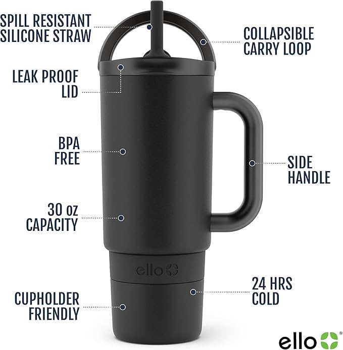 Ello Port 30oz Tumbler with Carry Loop & Integrated Handle | Vacuum Insulated Stainless Steel Reusable Water Bottle Travel Mug | Leak Proof Lid | Flexible Straw | BPA-Free | Dishwasher Safe | Black