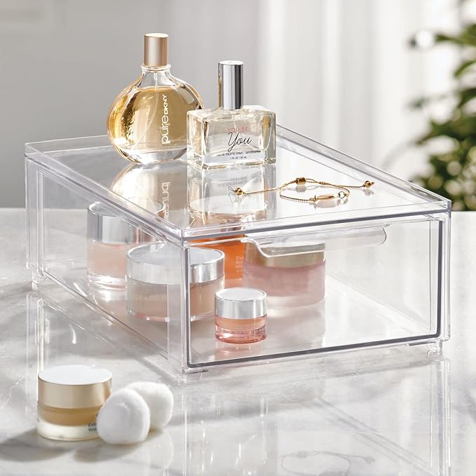 mDesign Plastic Stackable Bathroom Storage Organizer Bin Containers with Front Pull Drawer for Bathroom Countertop, Vanity, Closet Shelves - Holder for Beauty Accessories - Lumiere Collection - Clear