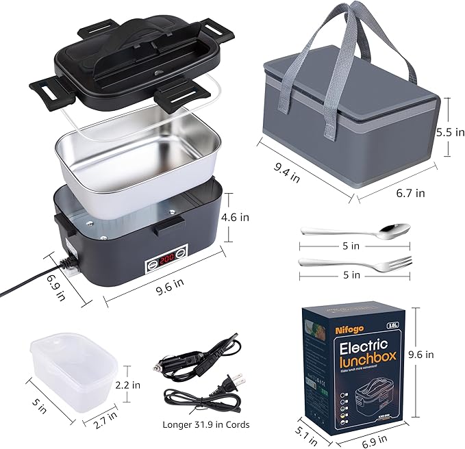 Nifogo Electric Lunch Box for Adults 100W with Temperature Display Heated Lunch Box Food Warmer LunchBox 1.8L Stainless Steel Container&Bag 12V/24V/110V for Car/Truck/Work(Black)