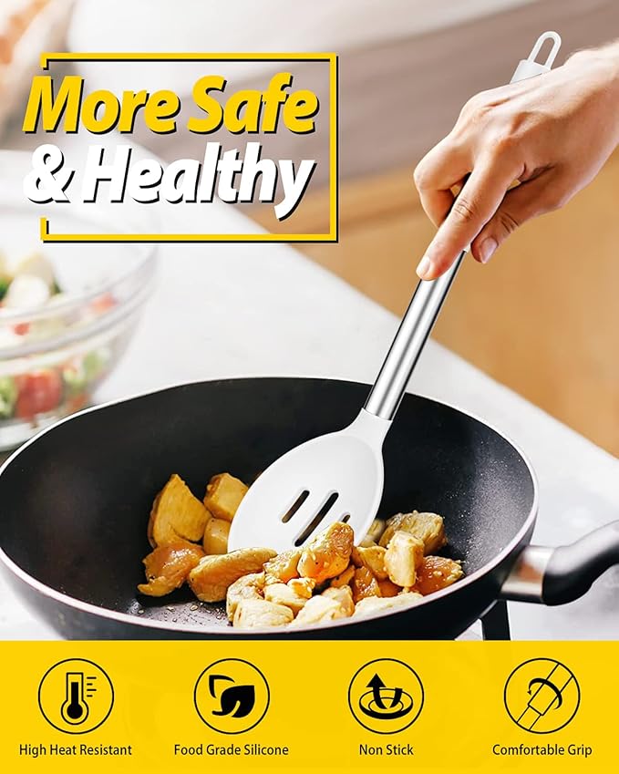 Pack of 2 Large Silicone Cooking Spoons,Non Stick Solid Basting Spoon,Heat-Resistant Kitchen Utensils for Mixing,Serving,Draining,Stirring (WHITE)