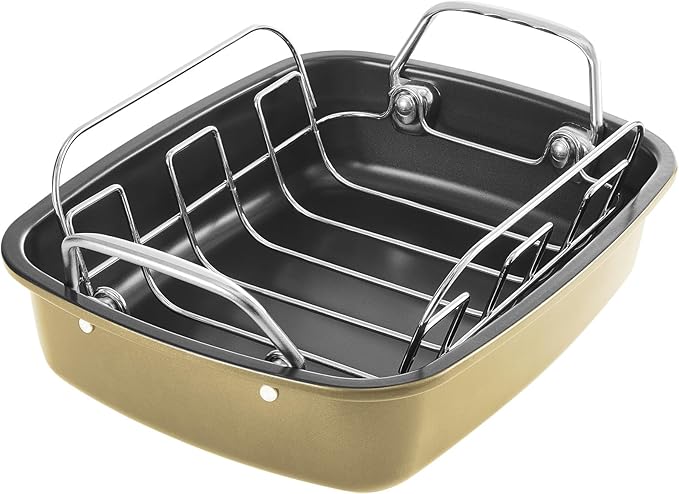 KITESSENSU Nonstick Turkey Roasting Pan with Rack 17 x 14 inch - Large Chicken Roaster Pan for Oven - Wider Handles & Heavy Duty Construction - Suitable for 24lb Turkey, Gold