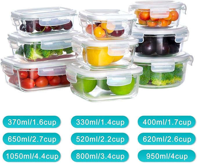 BAYCO Glass Storage Containers with Lids, 9 Sets, Meal Prep Airtight Food Storage Containers for Food Storage with Lids - BPA-Free & Leak Proof