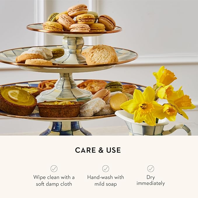MACKENZIE-CHILDS Enamel Pedestal Platter, Round Cake Stand, Large, Gray-and-White Sterling Check
