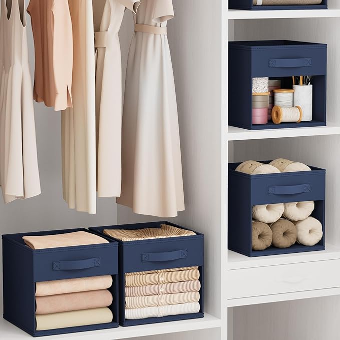 DIMJ Storage Cubes, Cube Storage Bin, 10 Pack Foldable Baskets with Window, Closet Storage Bins with Handle, 11x 11 inch Storage Cubes for Clothes, Toys, Books (Navy Blue)