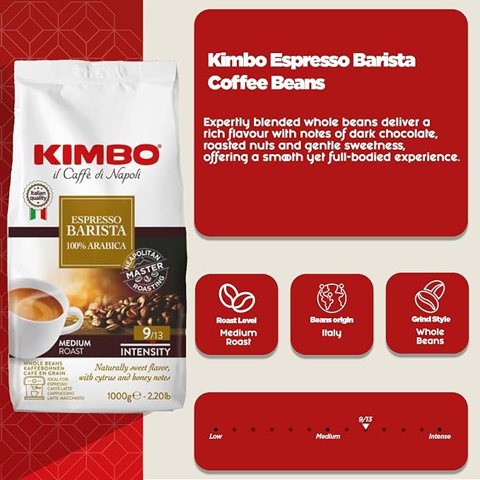 Kimbo Espresso Barista 100% Arabica | Whole Bean Coffee | Medium Roast | 9/13 Intensity | Naturally Sweet Flavor, With Cytrus and Honey Notes | 2.2 Lbs Bag
