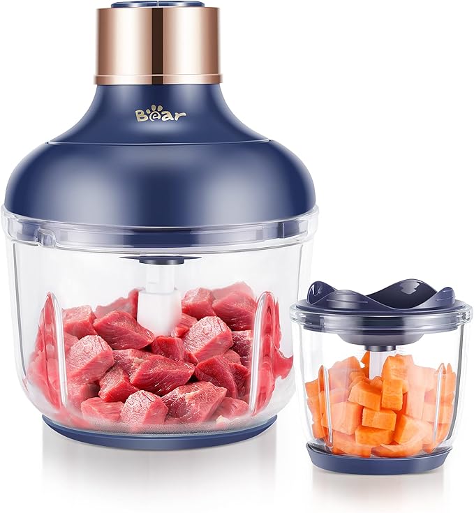 Bear Food Processor, Electric Food Chopper with 2 Glass Bowls (8 Cup+2.5 Cup), 400W Power Grinder with 2 Sets Stainless Steel Blades, 2 Speed for Meat, Vegetables, and Baby Food