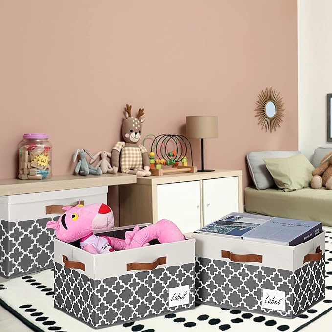 GhvyenntteS Large Fabric Storage Bins with Lids (6 Pack), Foldable Decorative Storage Boxes with Lids and 3 Handles, Sturdy Storage Baskets with Label Window for Home Office (White&Lattice Grey)