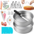 RFAQK 100PCs Anodized Aluminum Cake Pans Sets for Baking - 8 inch Round Cake Pans with Cake Leveler, Piping Bags, Icing Tips, 30 Parchment Papers, 40 Cupcake Liners & Icing Spatula for Cake Decorating