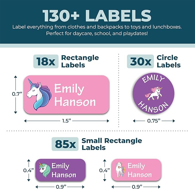Personalized Daycare Name Labels for Kids (130 Labels) - Custom Waterproof Name Stickers for Clothing Tags, Water Bottles, Lunch Boxes and School Supplies (Unicorns)