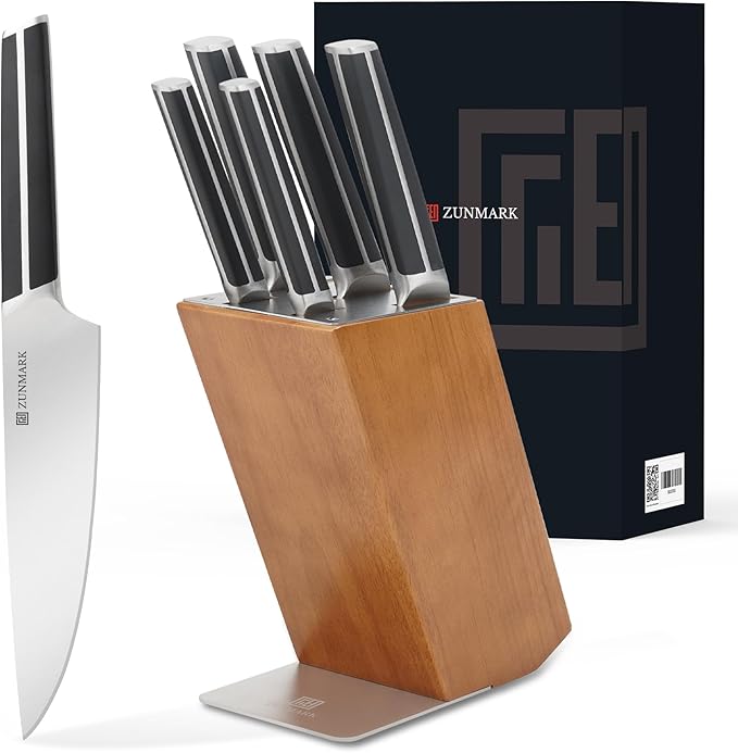 Kitchen Knife Set, 6 PCS Knife Sets for Kitchen with Block, X50CrMoV15 High Carbon German Steel Knife Set, Space-Saving Design for Home and Professional Kitchens, Black